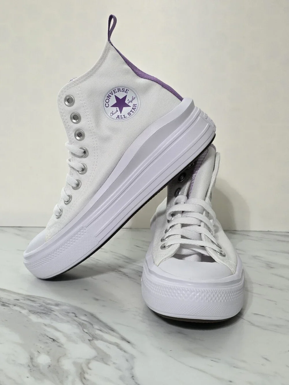 Converse High Top Platform Sneakers - White with Lavender Accents